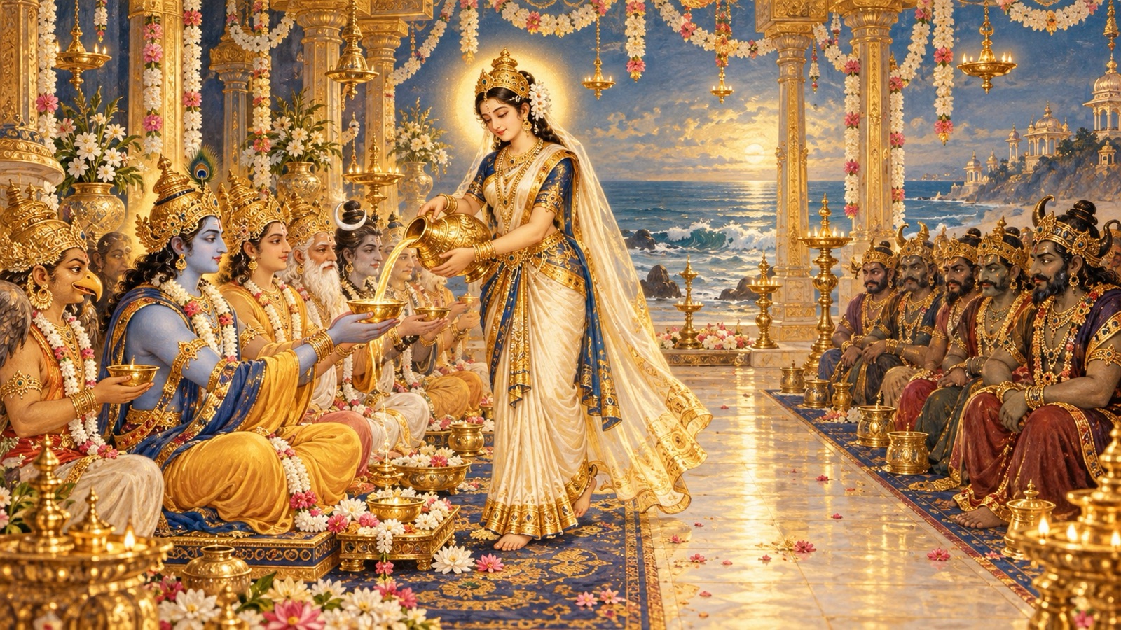 The Lord in enchanting form serving nectar to the gods seated in a separate row from the demons