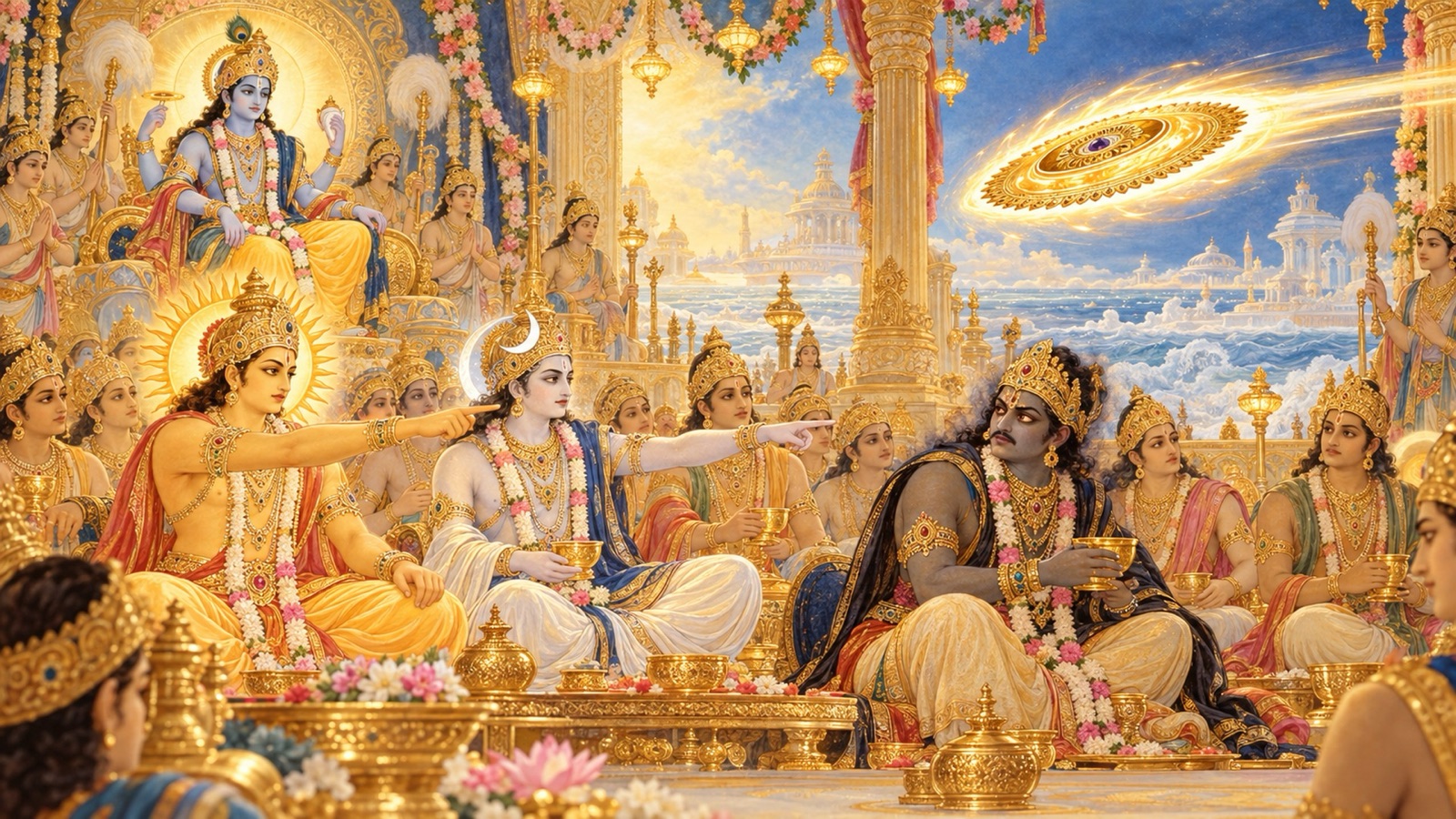 The Lord's discus severing the head of the disguised demon Rahu as the sun-god and moon-god point him out