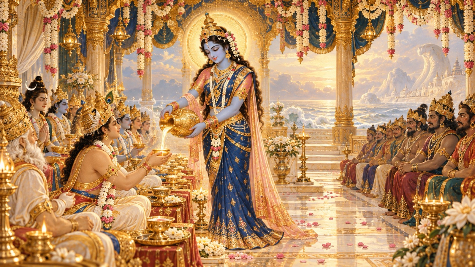 The Lord in His enchanting form serving the nectar of immortality to the gods seated in a row as the demons look on