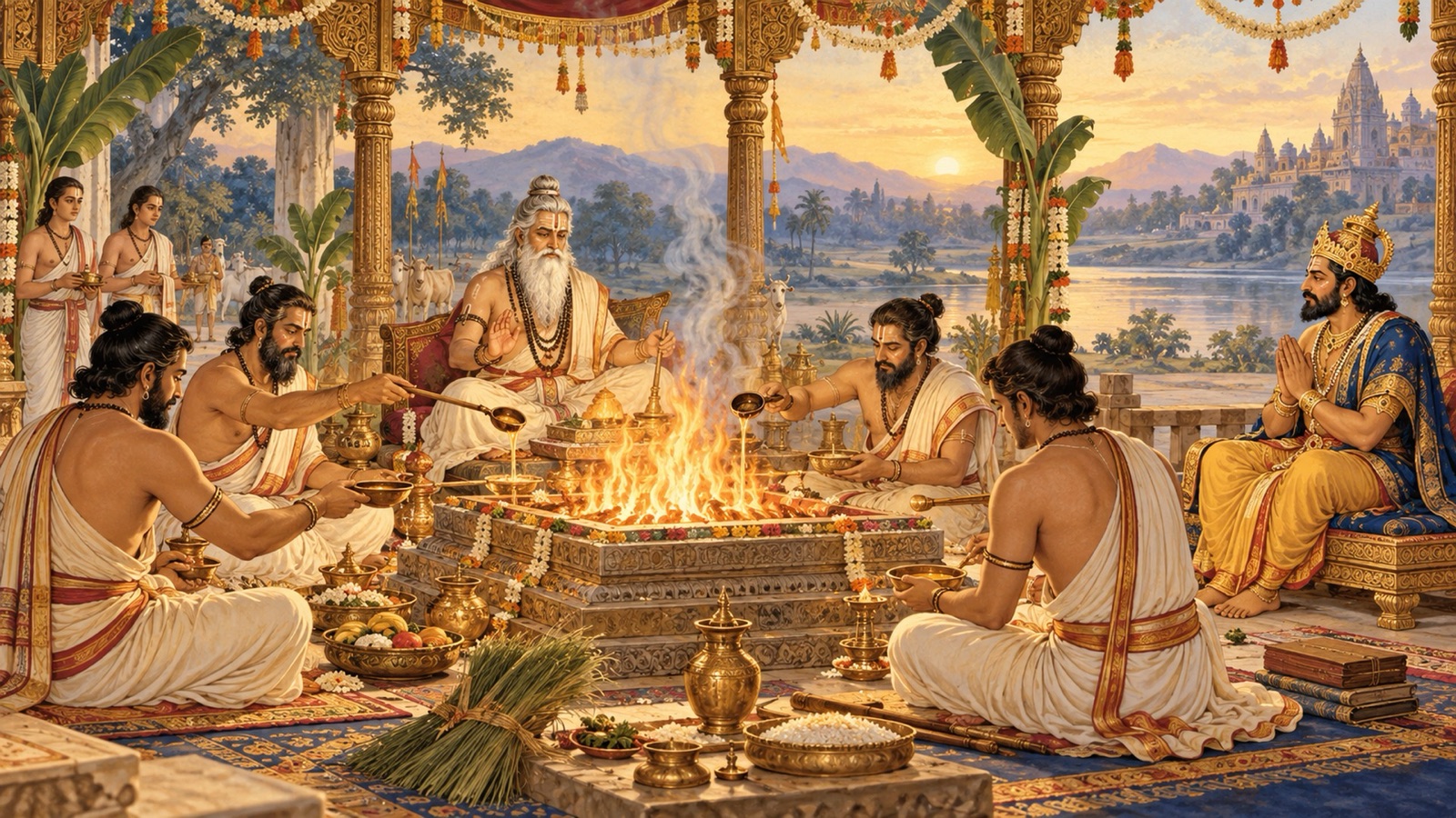निःसन्तान राजा मनु के लिए मित्र और वरुण के निमित्त वैदिक यज्ञ करते ऋषि वसिष्ठ