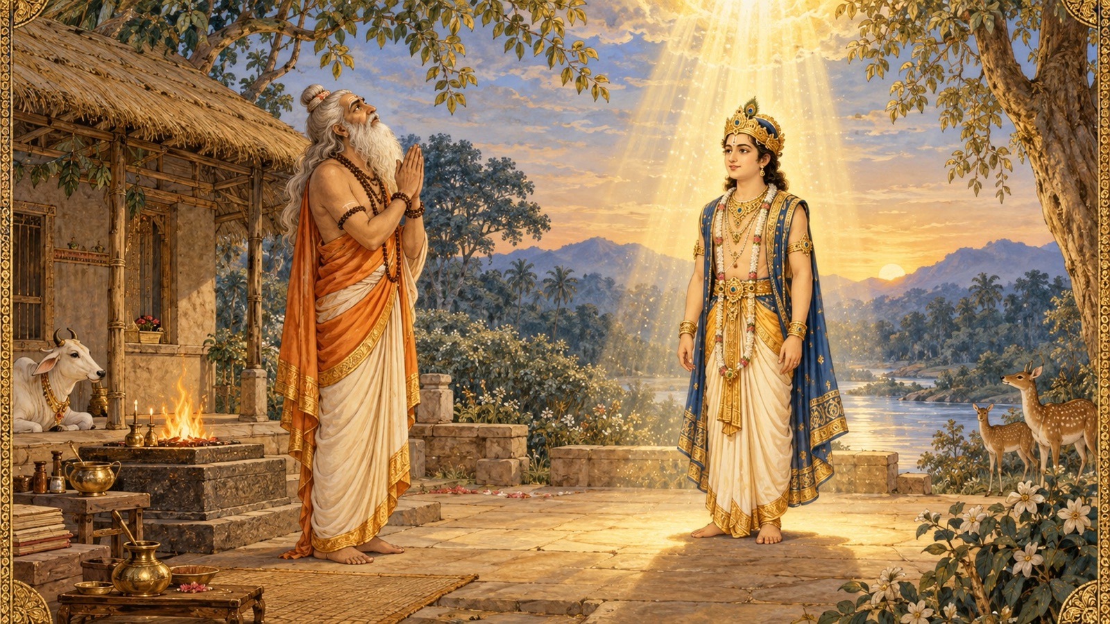 भगवान् विष्णु की स्तुति करते ऋषि वसिष्ठ, जब बालिका इला राजकुमार सुद्युम्न में परिवर्तित होती है