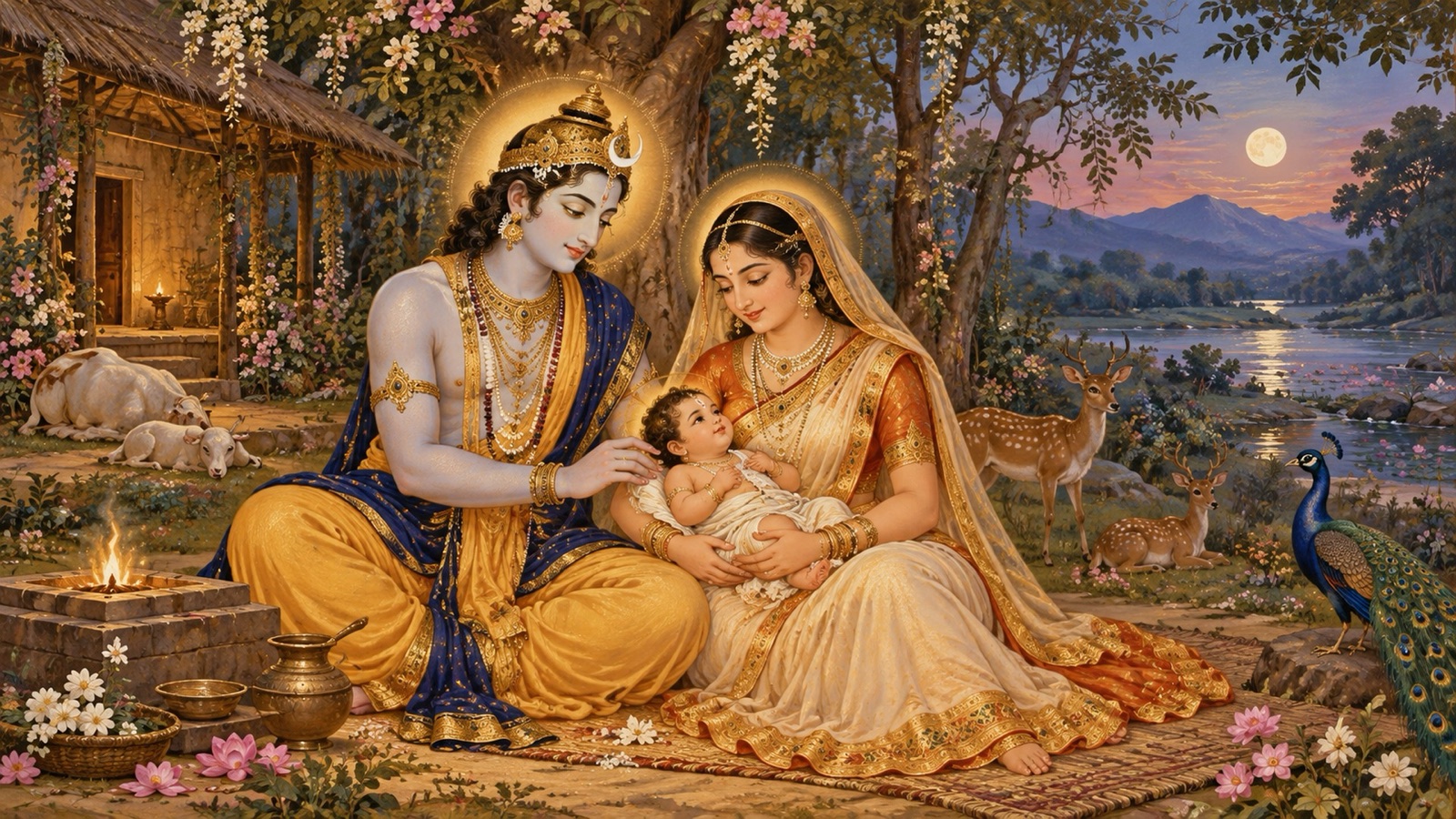 आश्रम के उपवन में परिवर्तित सुद्युम्न के साथ देव बुध, उनके पुत्र पुरूरवा के जन्म के समय