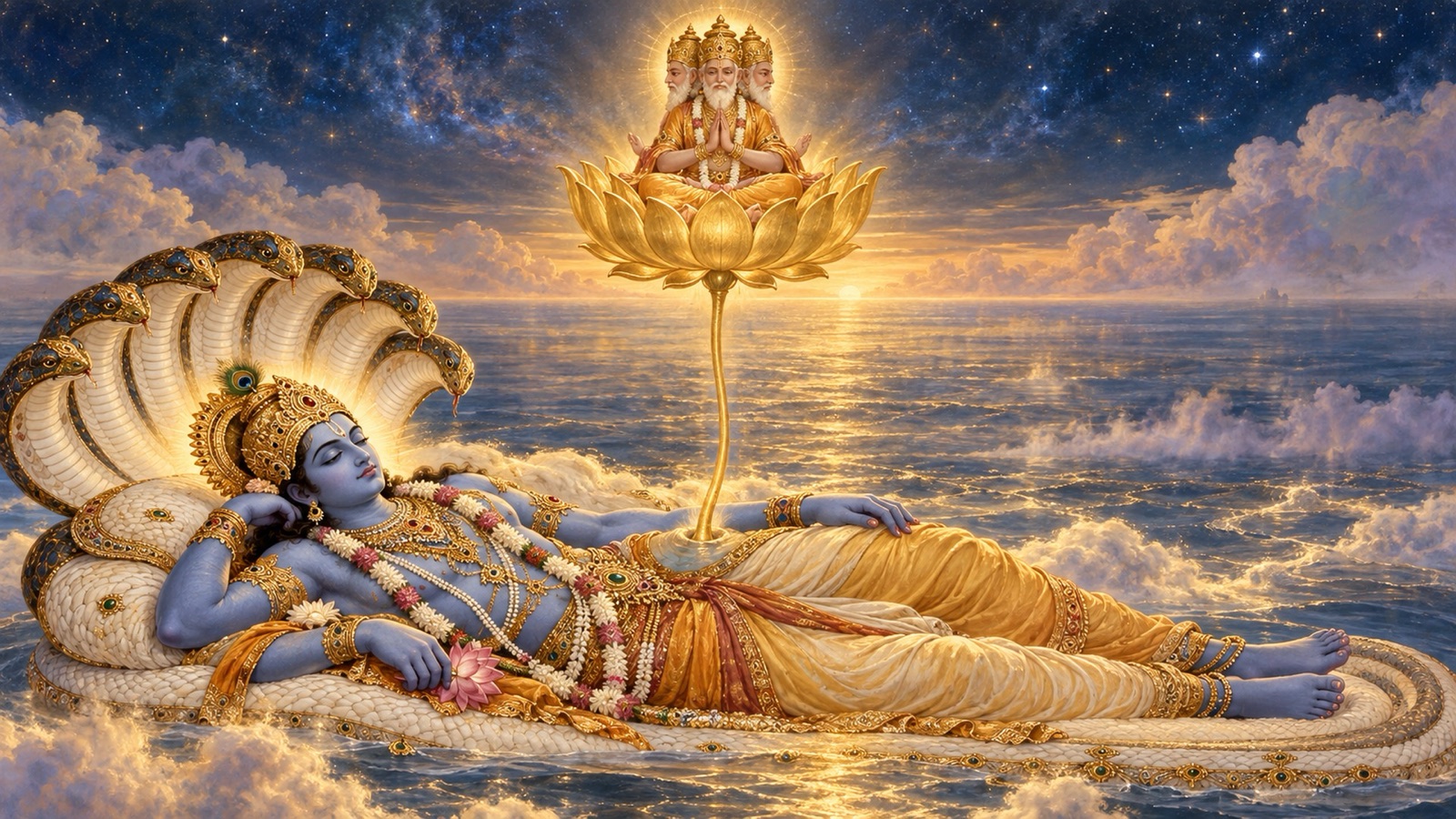 कारण-जल पर शयन करते भगवान् नारायण, जिनकी नाभि से चतुर्मुख ब्रह्मा को धारण करता स्वर्णिम कमल उठ रहा है