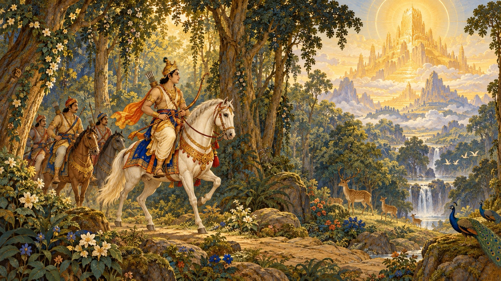 Prince Sudyumna riding on horseback into the sacred grove at the foot of Mount Meru