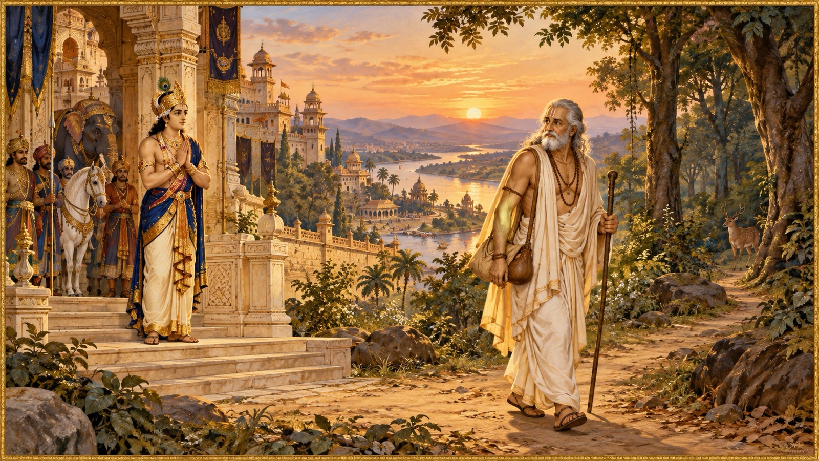 The aged King Sudyumna renouncing his throne and departing for the forest