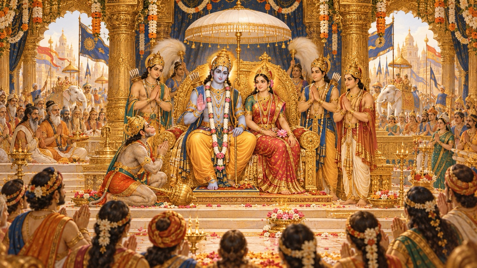 अयोध्या में सीता, अपने भाइयों एवं हनुमान के साथ सिंहासनासीन भगवान् रामचन्द्र