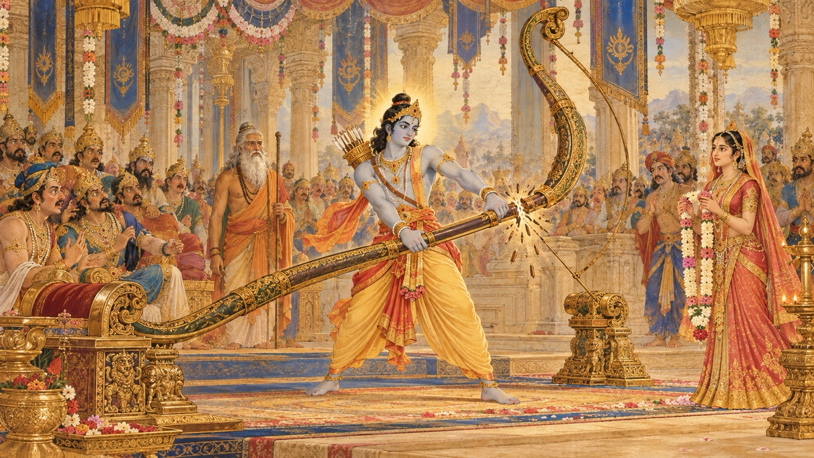 Lord Rama lifting and breaking the mighty bow of Lord Siva at Sita's choice-marriage