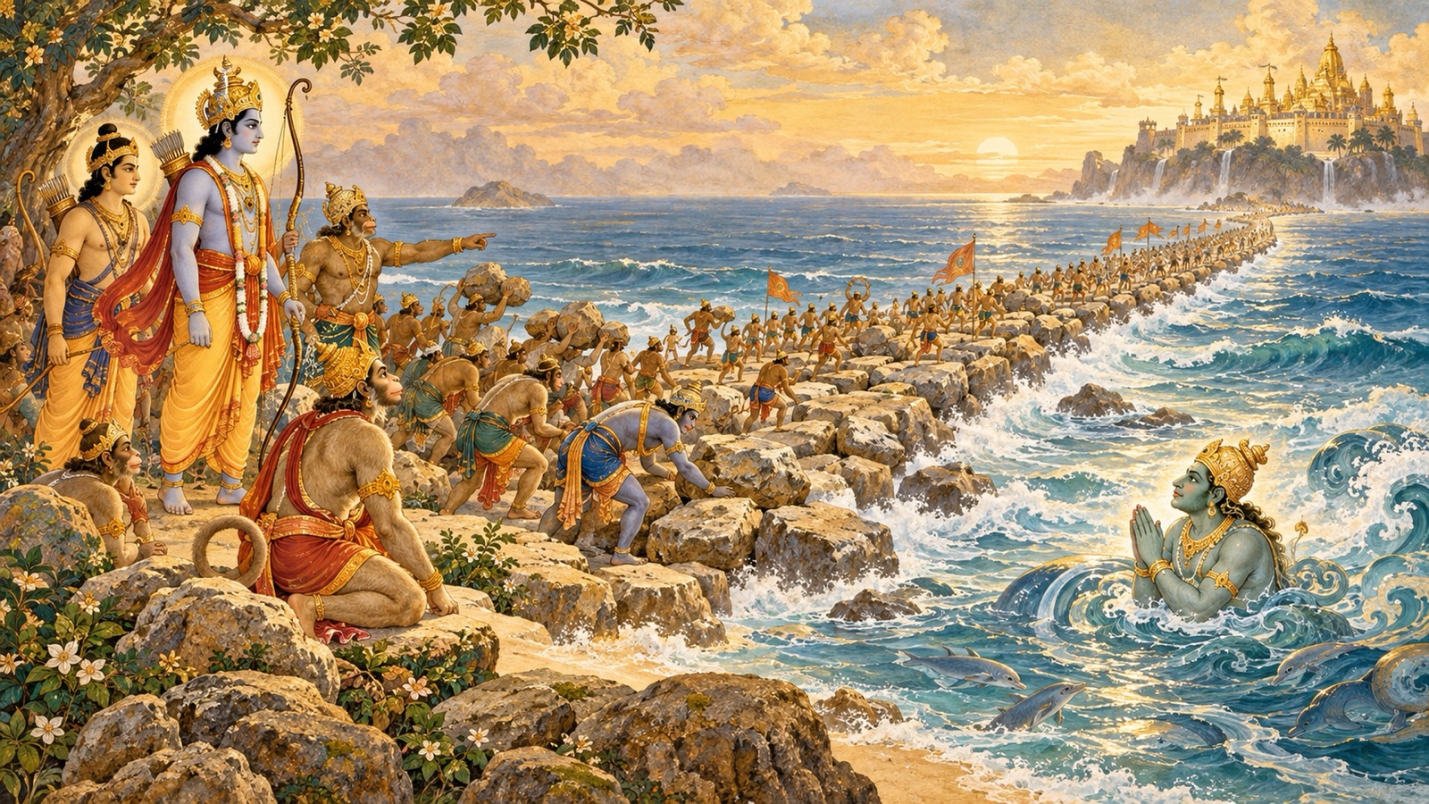 The monkey chiefs building the bridge of mountain-peaks across the ocean to Lanka