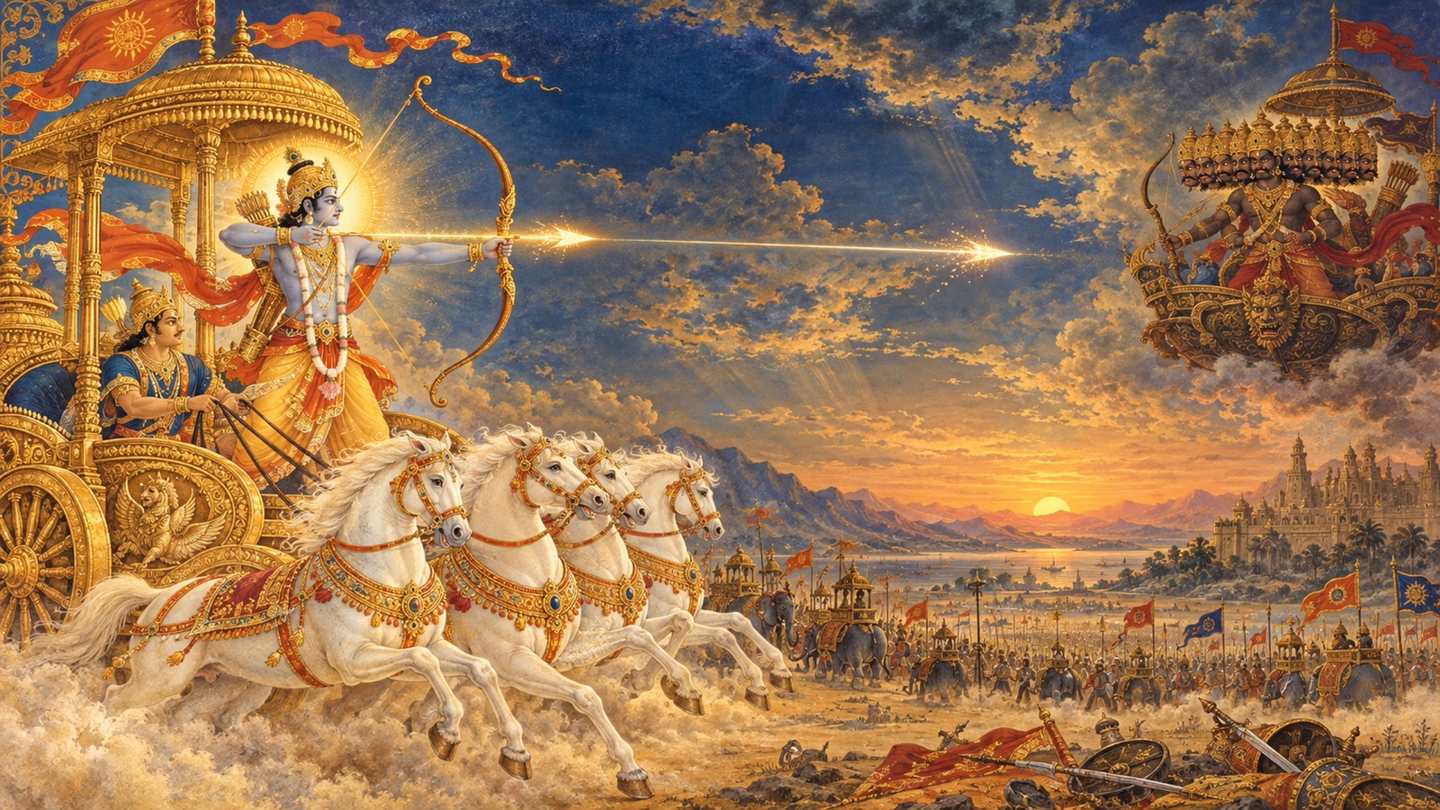 Lord Rama in His heavenly chariot loosing the arrow that slays the ten-headed Ravana