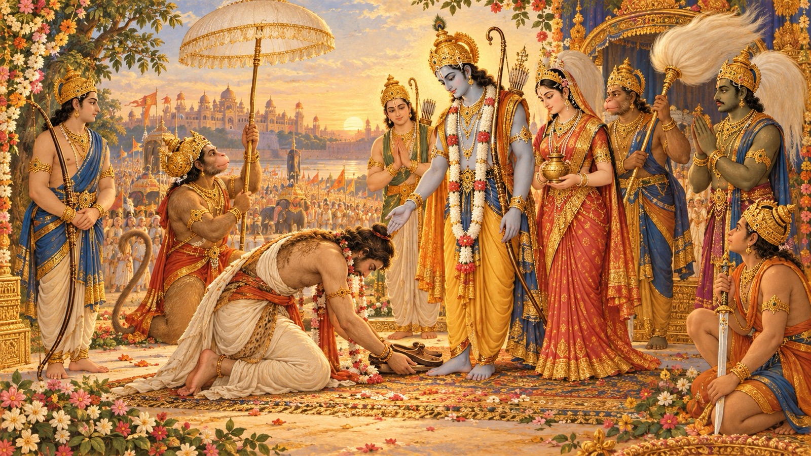 Bharata welcoming Lord Rama home to Ayodhya, bowing at His feet with the wooden sandals