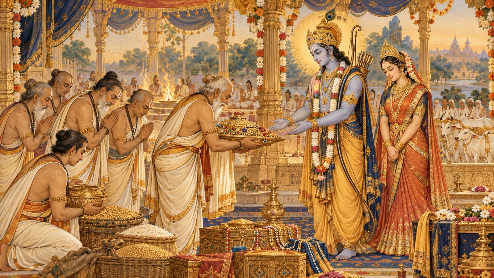 भगवान् राम द्वारा दान की गई पृथ्वी एवं धन को प्रेमपूर्वक लौटाते ब्राह्मण पुरोहित