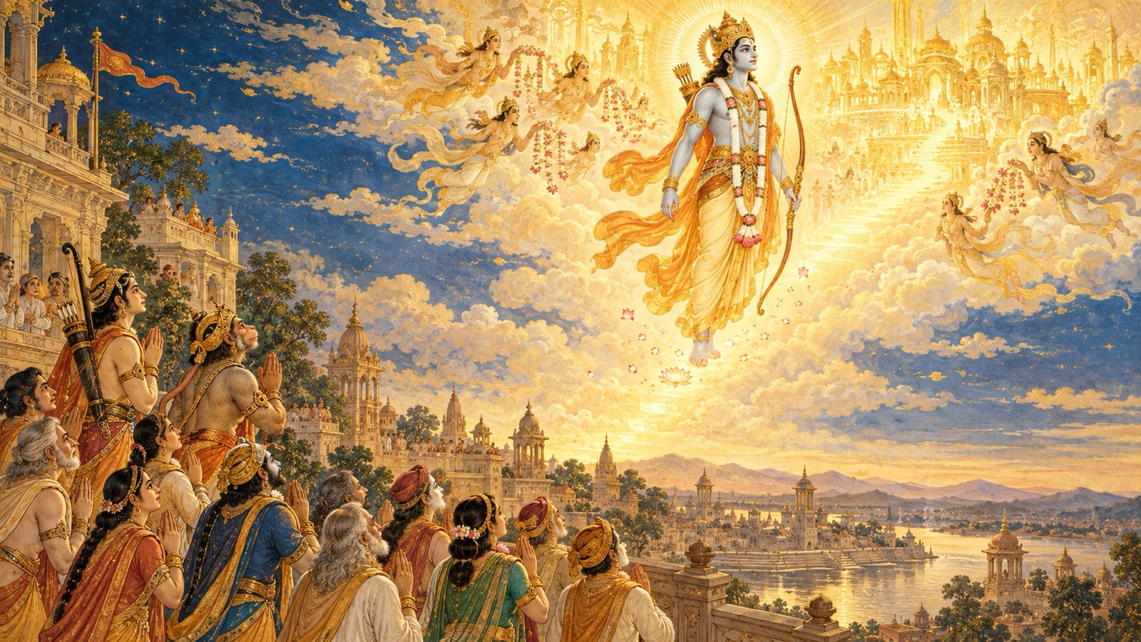 अपने स्व-प्रकाशित दिव्य धाम को प्रस्थान करते भगवान् रामचन्द्र