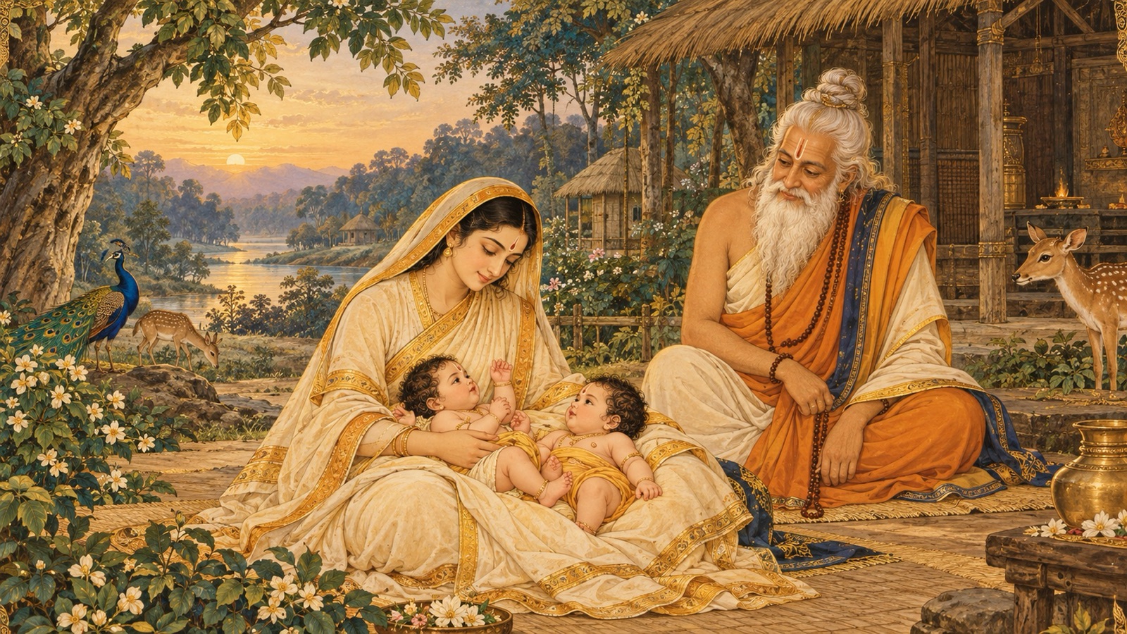 Sita at the hermitage of Valmiki with the infant twins Kusa and Lava