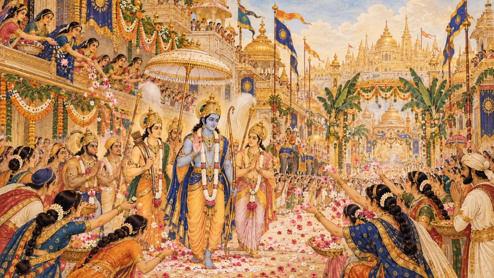 The people of Ayodhya showering flowers on Lord Rama from their golden-domed rooftops