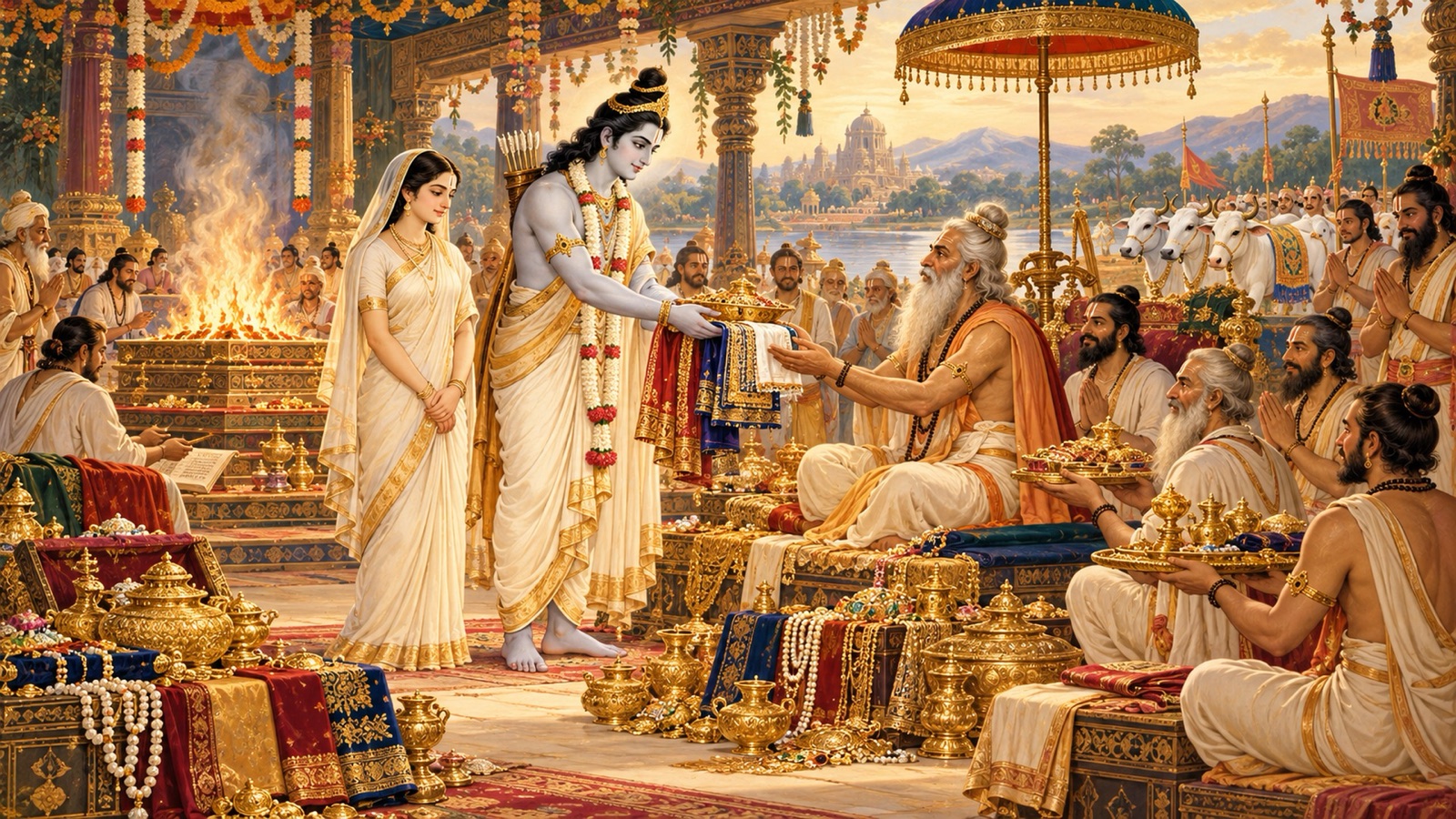Lord Rama giving away the whole earth in charity to the brahmanas and priests after His great sacrifices