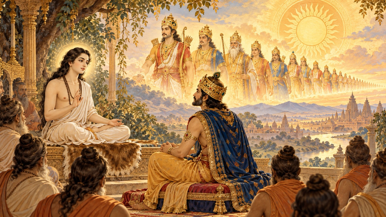 राजा परीक्षित को कुश के सूर्यवंश का वर्णन करते शुकदेव, इक्ष्वाकु राजाओं की दीर्घ परम्परा आगे बहती हुई