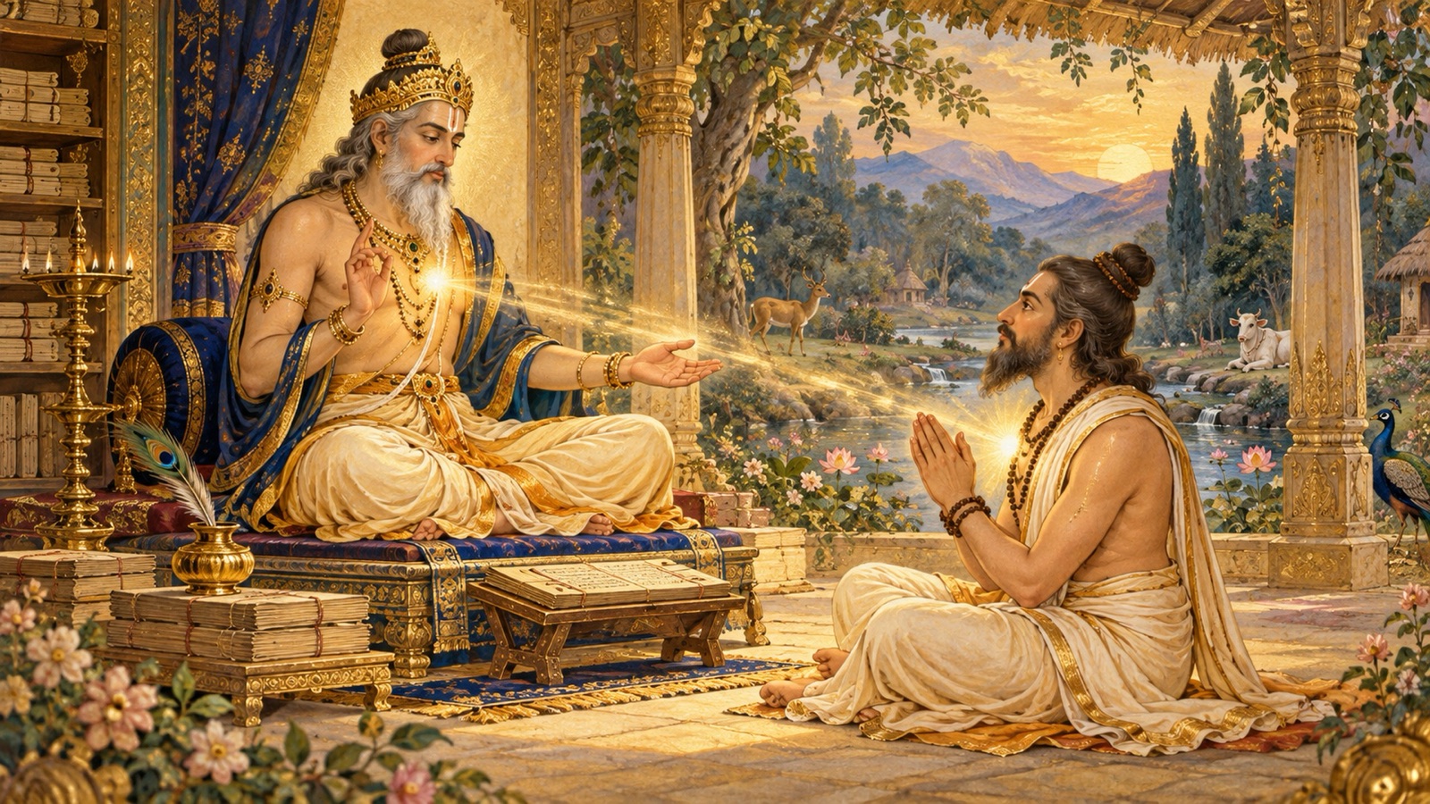The king Hiranyanabha imparting the yoga of the Self to the sage Yajnavalkya