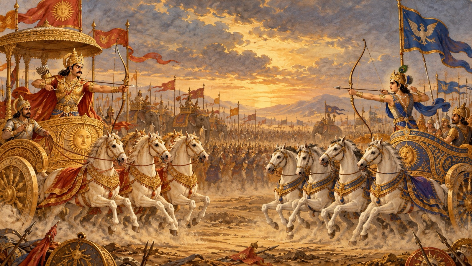 The king Brihadbala falling in the great war of the Mahabharata at the hands of Abhimanyu