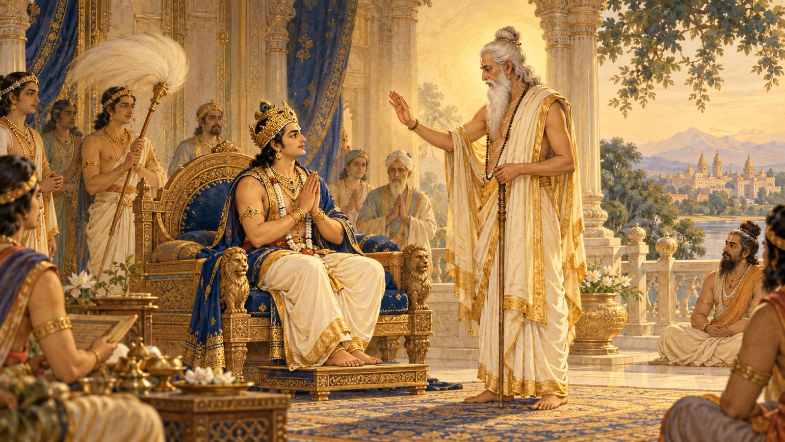 महान् योगियों से आशीर्वादित, आत्मज्ञानी रूप में शान्तिपूर्वक शासन करते मिथिला के ऋषि-राजा