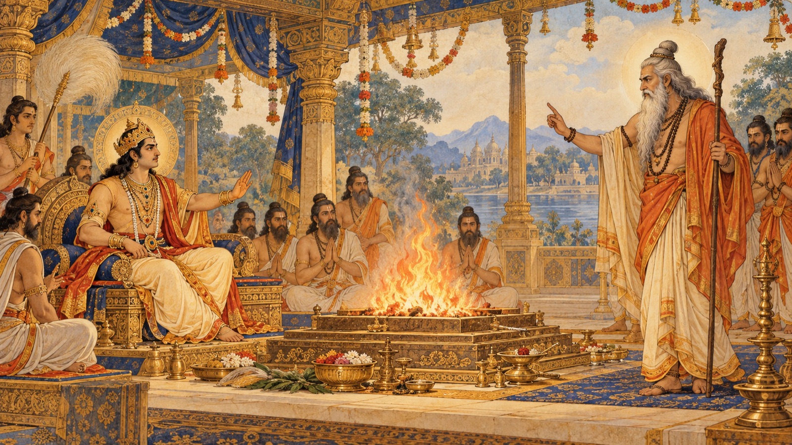 King Nimi beginning his sacrifice with other priests as he and Vasishtha exchange curses