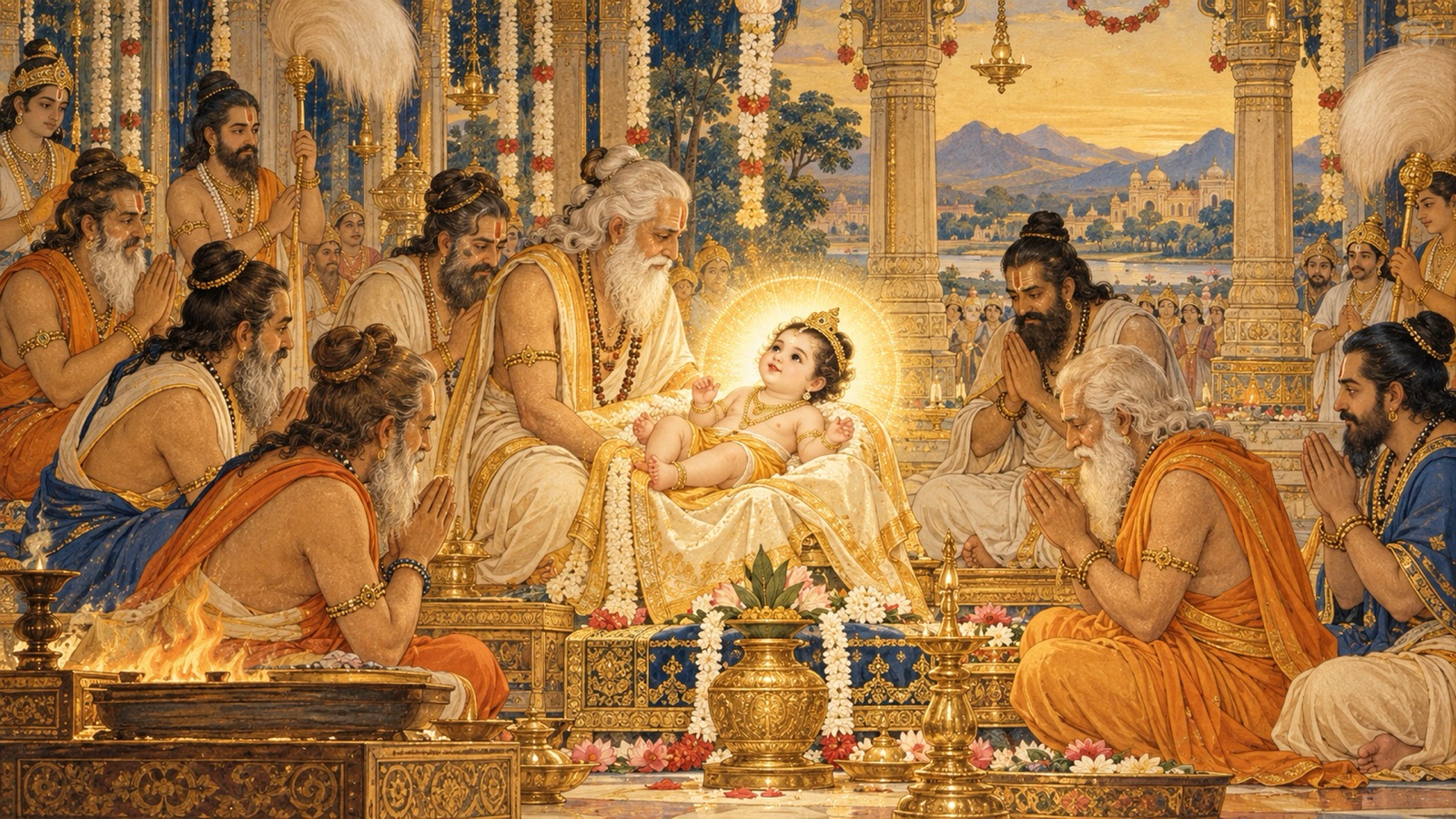 The sages bringing forth the radiant child Janaka from the body of Nimi