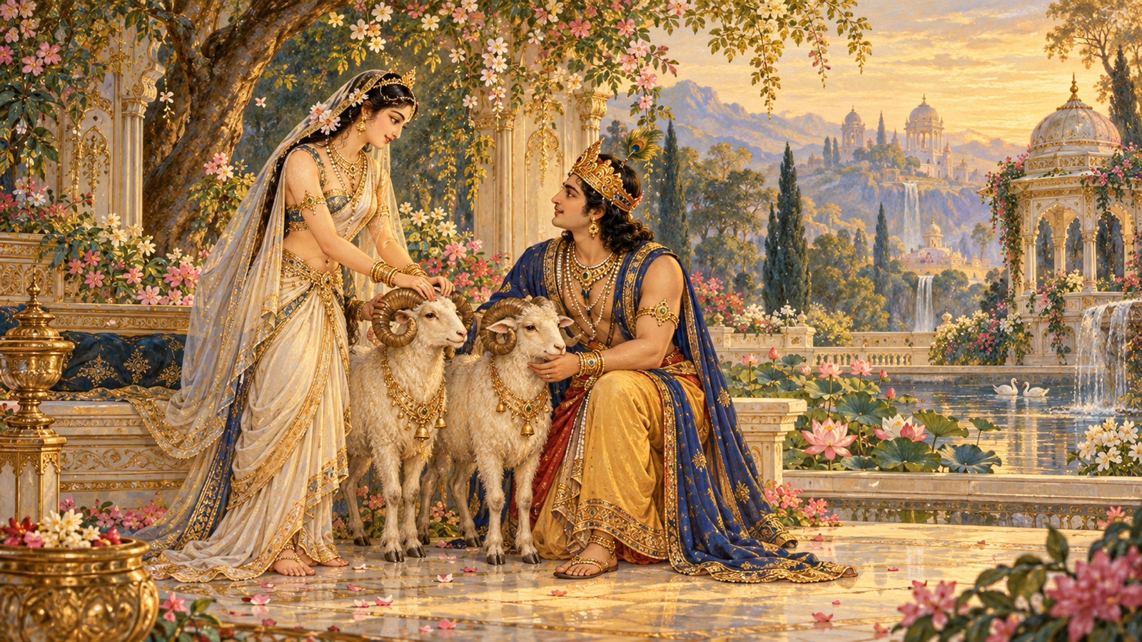 उर्वशी का स्वागत करते राजा पुरूरवा, जिन्हें वे मिलन की शर्त रूप में अपने दो मेढ़े सौंपती हैं