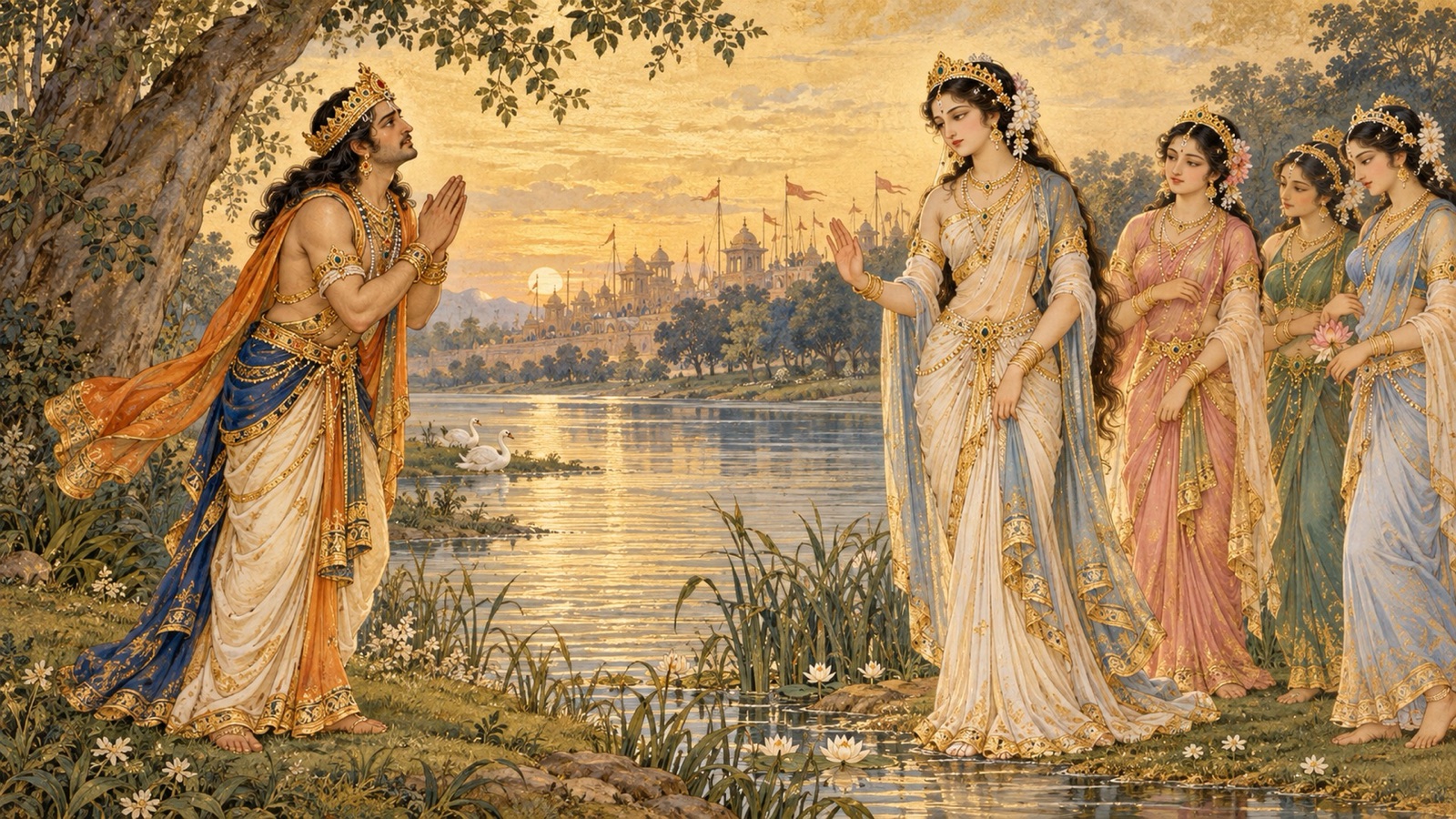 The grief-stricken Pururava pleading with Urvasi at Kurukshetra by the Saraswati