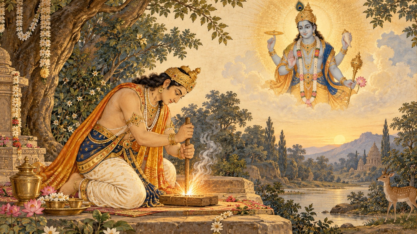 King Pururava churning the sacred fire-sticks and bringing forth the holy fire