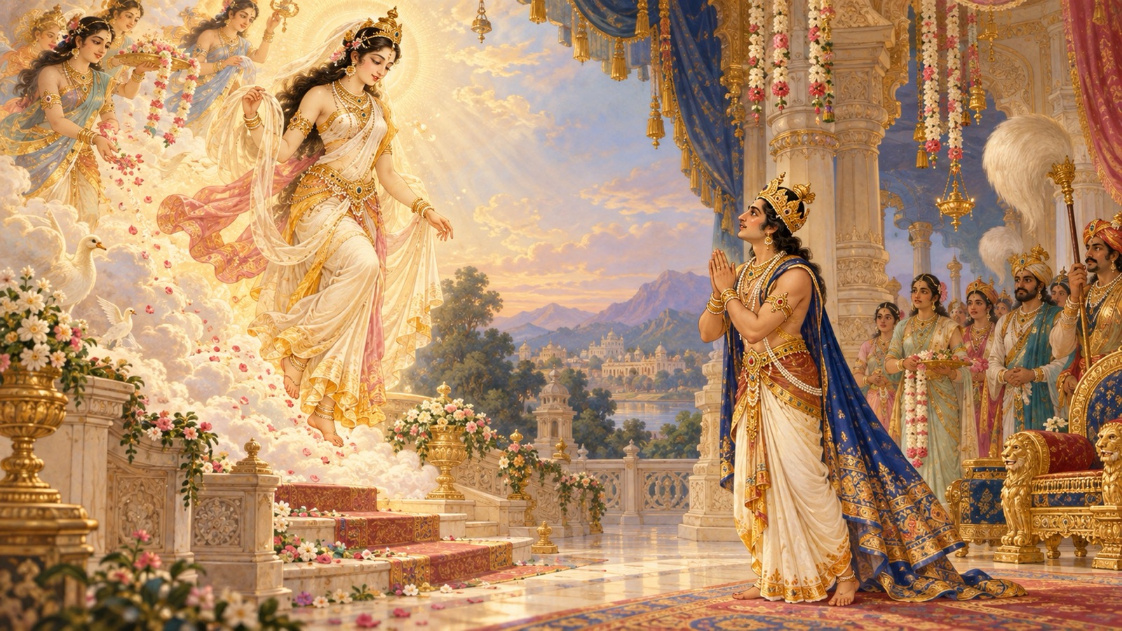 The celestial nymph Urvasi descending to the court of King Pururava, drawn by his fame and beauty
