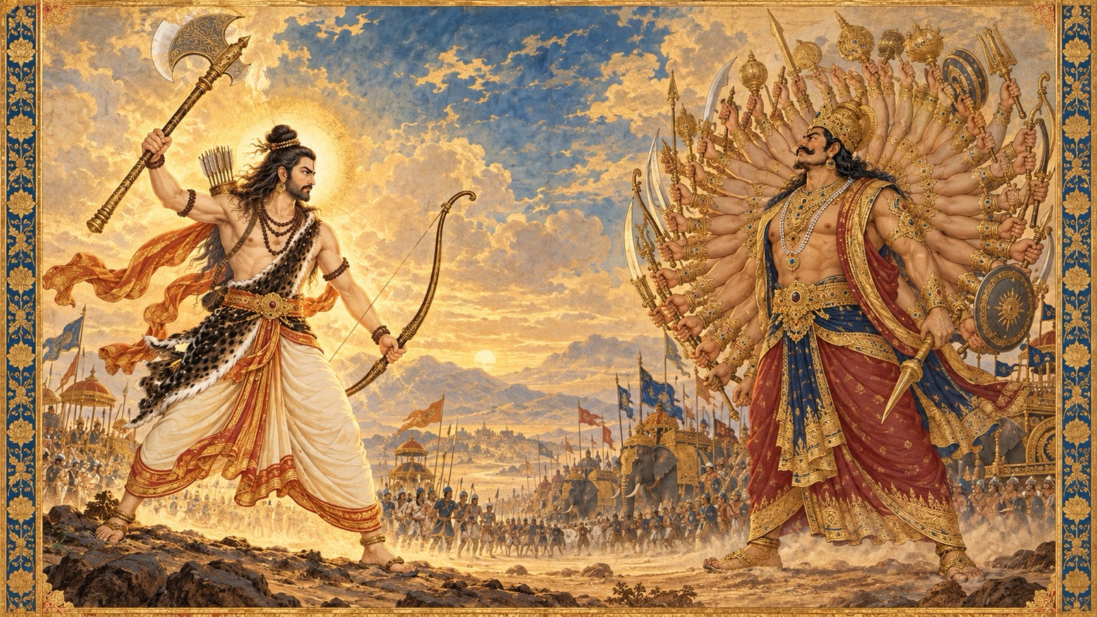 युद्ध में सहस्रबाहु राजा कार्तवीर्य अर्जुन का सामना करते परशु उठाए भगवान् परशुराम