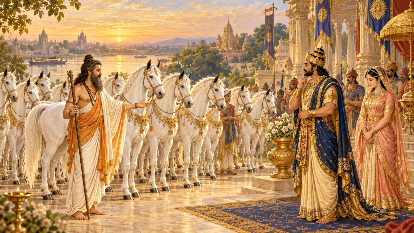 The sage Rcika presenting a thousand moon-white horses to King Gadhi for the hand of Satyavati