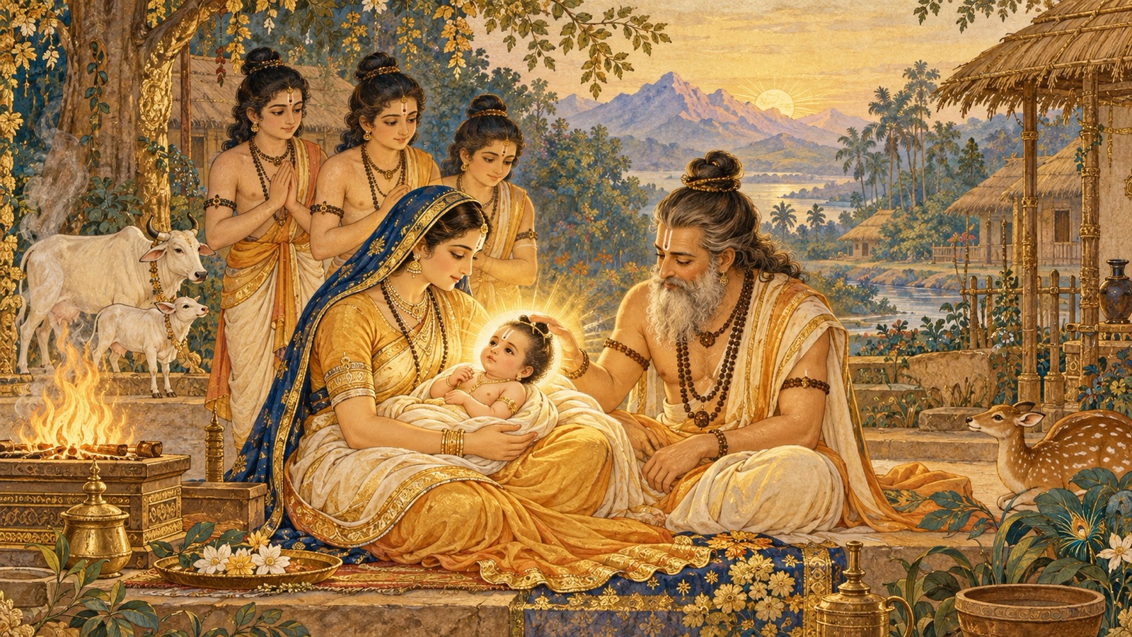 The birth of Parashurama in the hermitage of the sage Jamadagni and Renuka
