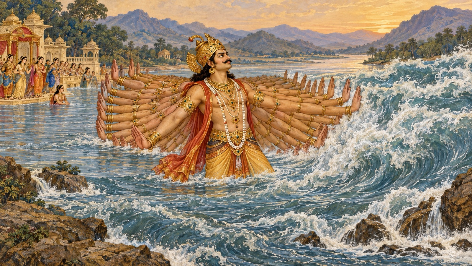 The thousand-armed King Kartavirya Arjuna damming the river Narmada with his many arms