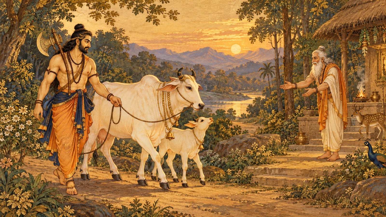 Lord Parashurama leading the recovered cow of plenty back to the hermitage of Jamadagni
