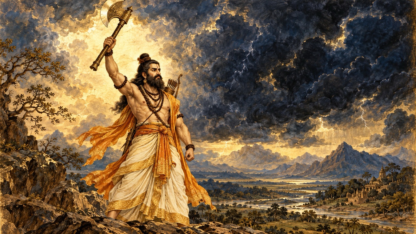 अपना परशु उठाकर अत्याचारी राजाओं से पृथ्वी को मुक्त करने की प्रतिज्ञा करते भगवान् परशुराम