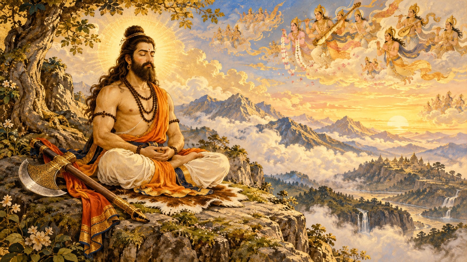 महेन्द्र पर्वत पर शान्त ध्यान में बैठे भगवान् परशुराम, उनका परशु रखा हुआ