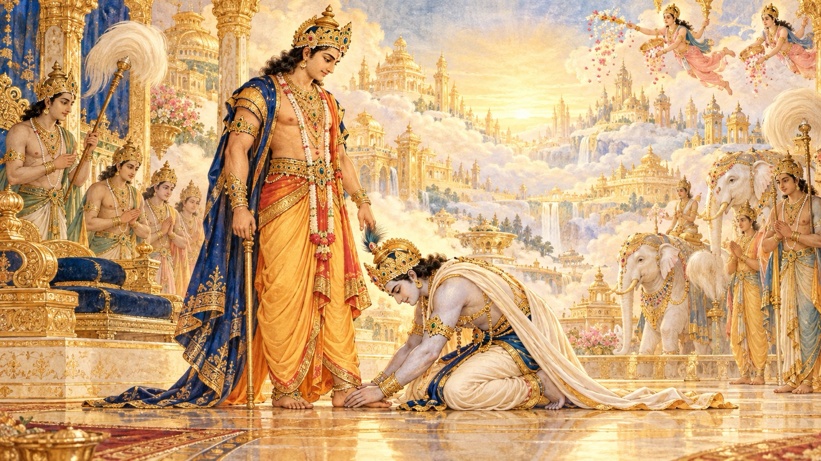 इन्द्र को स्वर्ग का राज्य लौटाते राजा रजि, जो कृतज्ञता में उनके चरण पकड़ते हैं