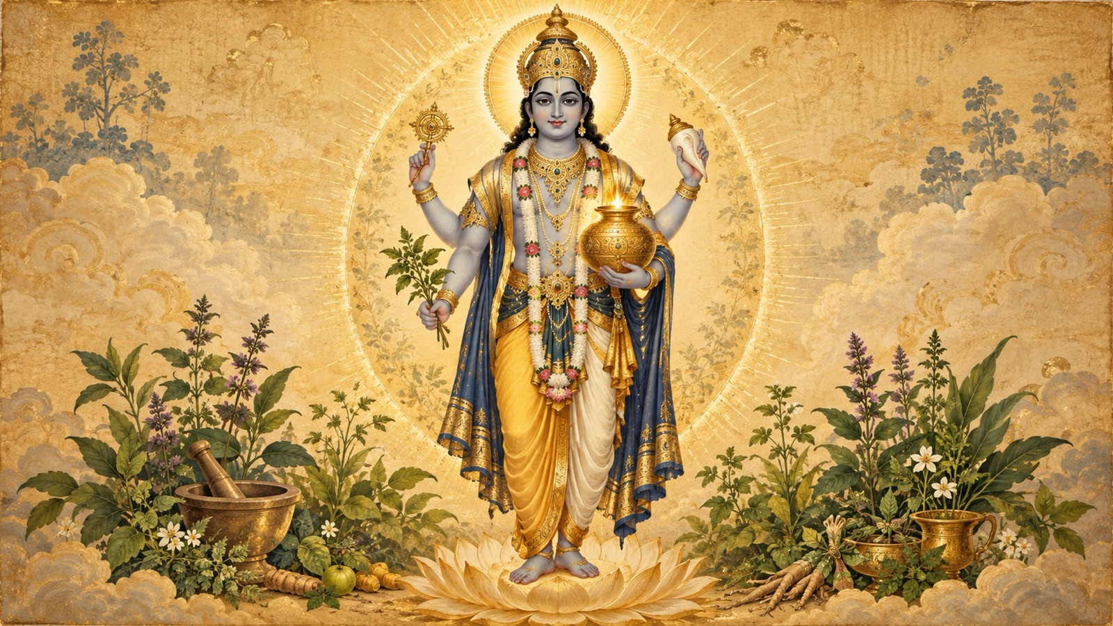 Lord Dhanvantari, the divine physician and founder of Ayurveda, bearing the vessel of nectar