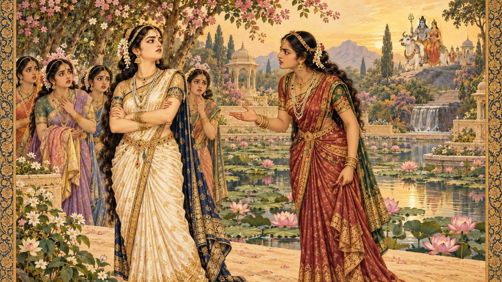 The quarrel of Devayani and Sarmishtha at the garden pond over a mistaken garment