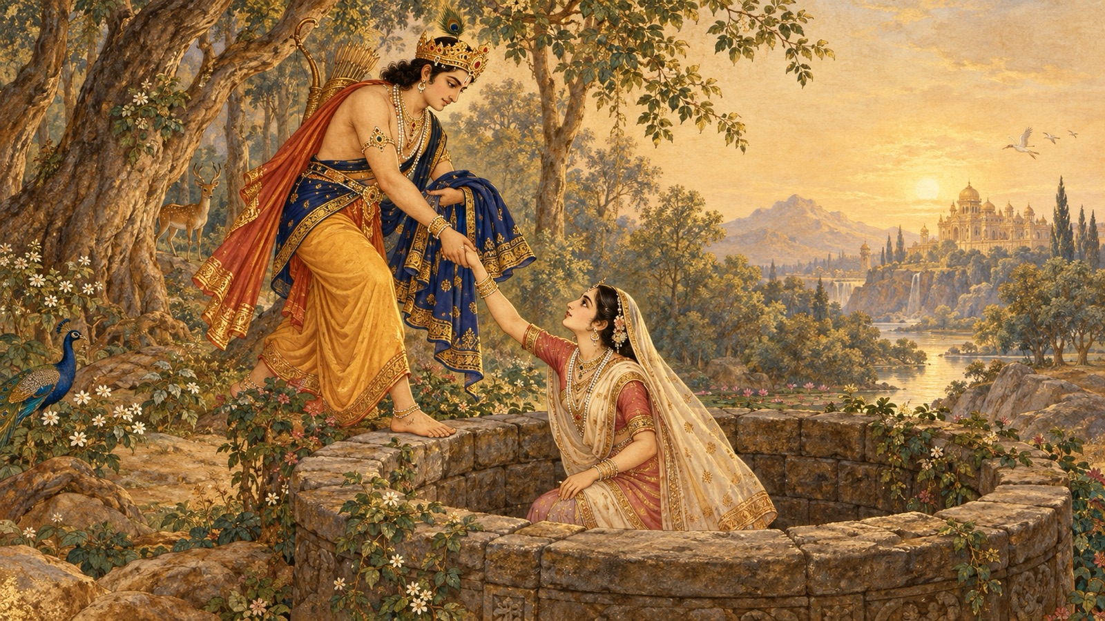 King Yayati lifting Devayani out of the well by the hand