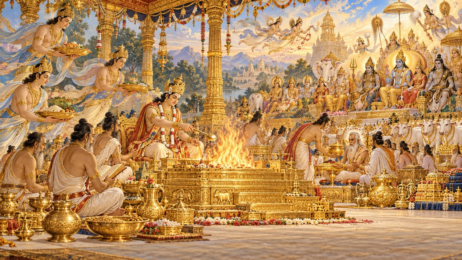 इन्द्र और मरुद्गण की उपस्थिति में भव्य स्वर्णमय यज्ञ करते सम्राट् मरुत्त