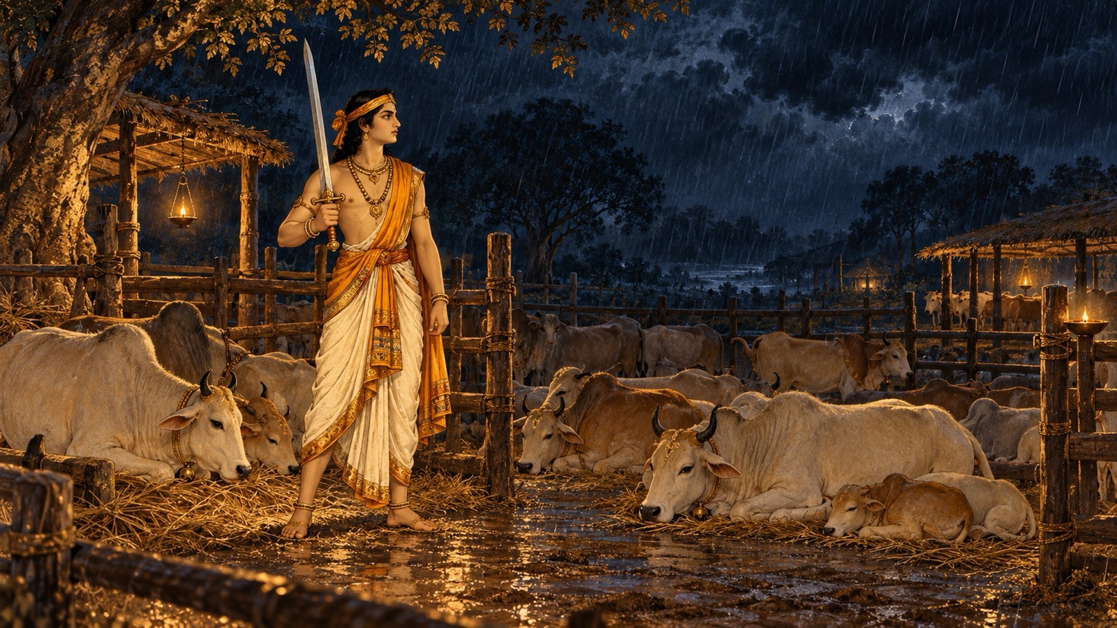 अन्धकारमय वर्षा भरी रात में तलवार लिए अपने पिता की गौओं की रखवाली करते राजकुमार पृषध्र