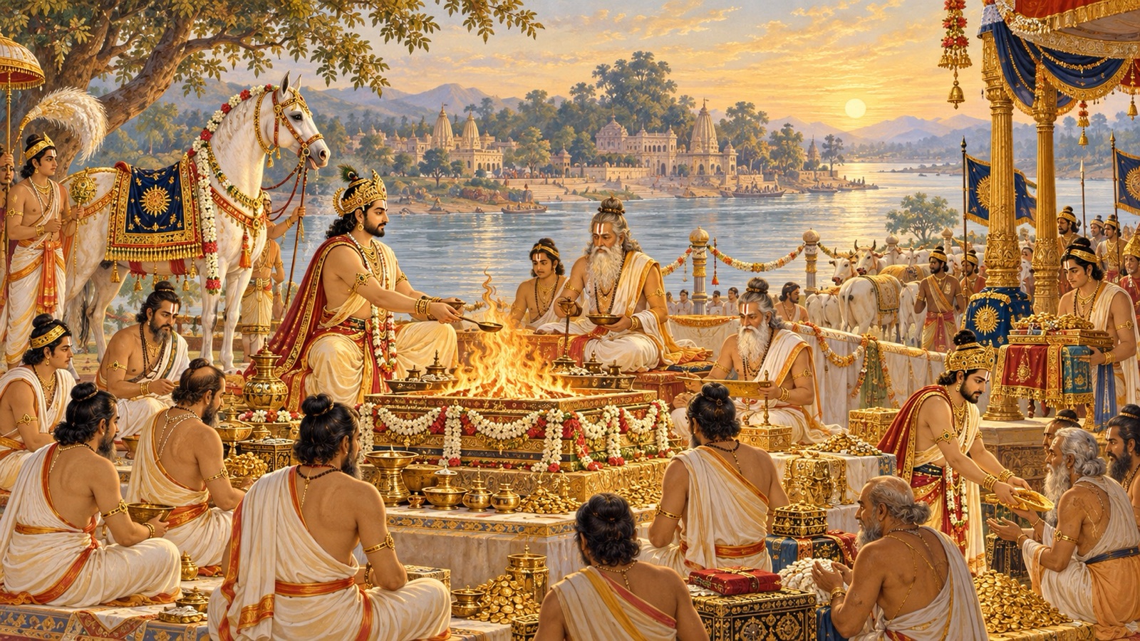 Emperor Bharata performing his great horse sacrifices on the banks of the Ganga and Yamuna