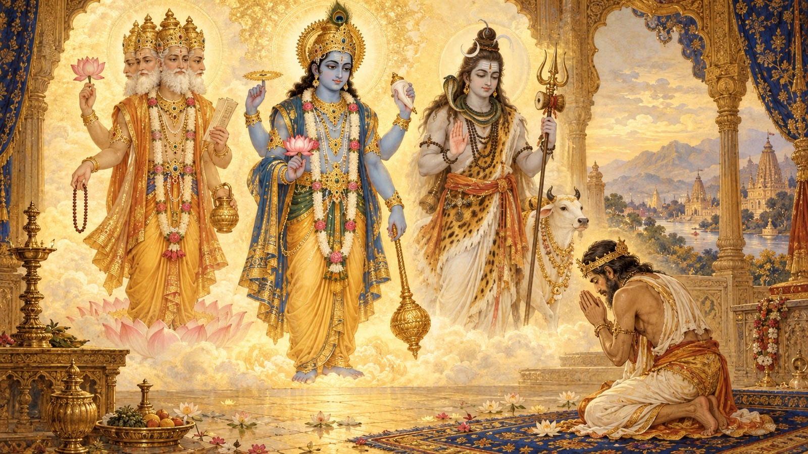 रन्तिदेव के समक्ष प्रकट होते ब्रह्मा, विष्णु एवं शिव, जो कुछ नहीं माँगते