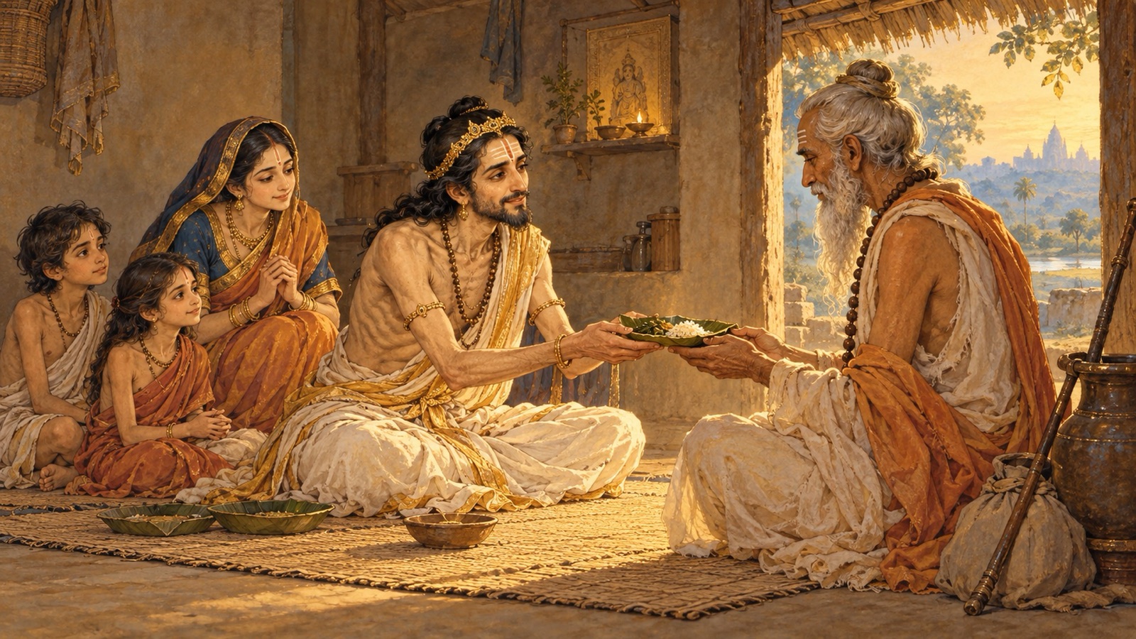King Rantideva giving food to an arriving brahmana before eating, after long fasting