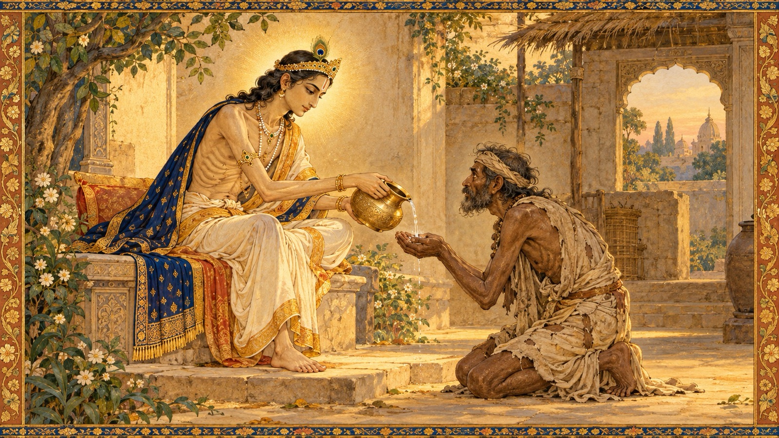 King Rantideva giving his last water to a dying outcaste though himself dying of thirst