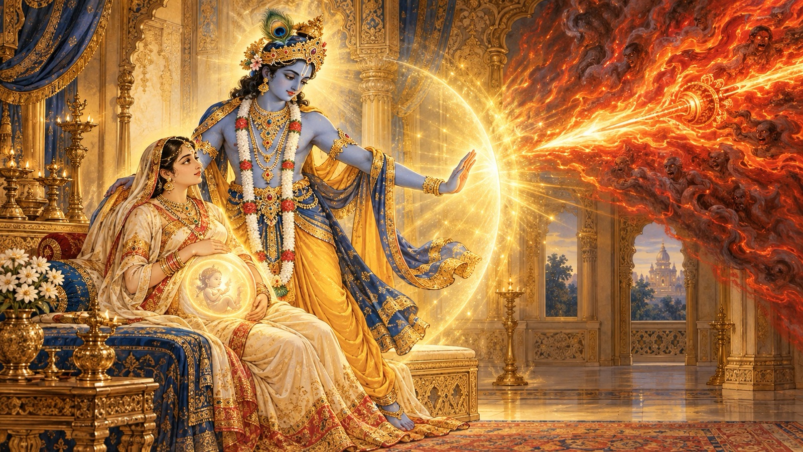 Lord Krishna protecting the unborn Parikshit from the blazing brahmastra of Ashwatthama