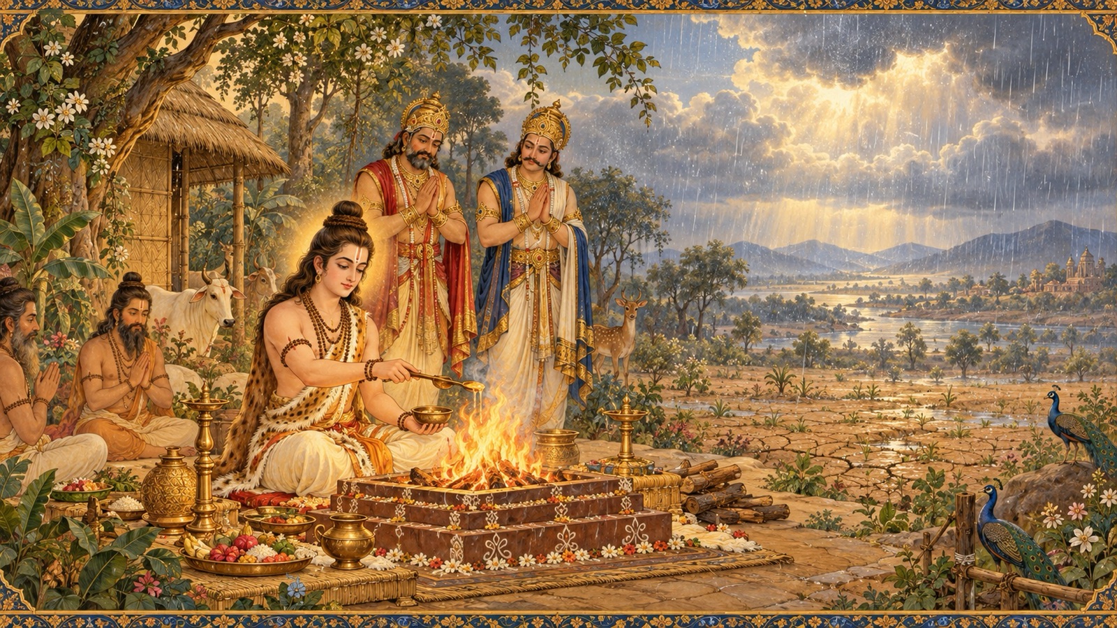 अंग राज्य में लाए गए ऋषि ऋष्यशृंग, अपने यज्ञ से सूखा समाप्त करते हुए