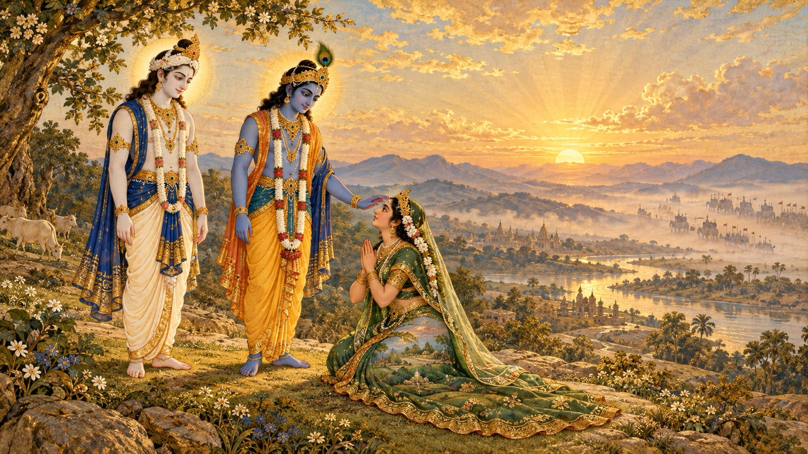 भगवान् श्री कृष्ण एवं भगवान् बलराम द्वारा, राजाओं के रूप में छिपे असुरों से, पृथ्वी का भार हरना, प्रतीकात्मक एवं अहिंसक रूप में दिखाया गया