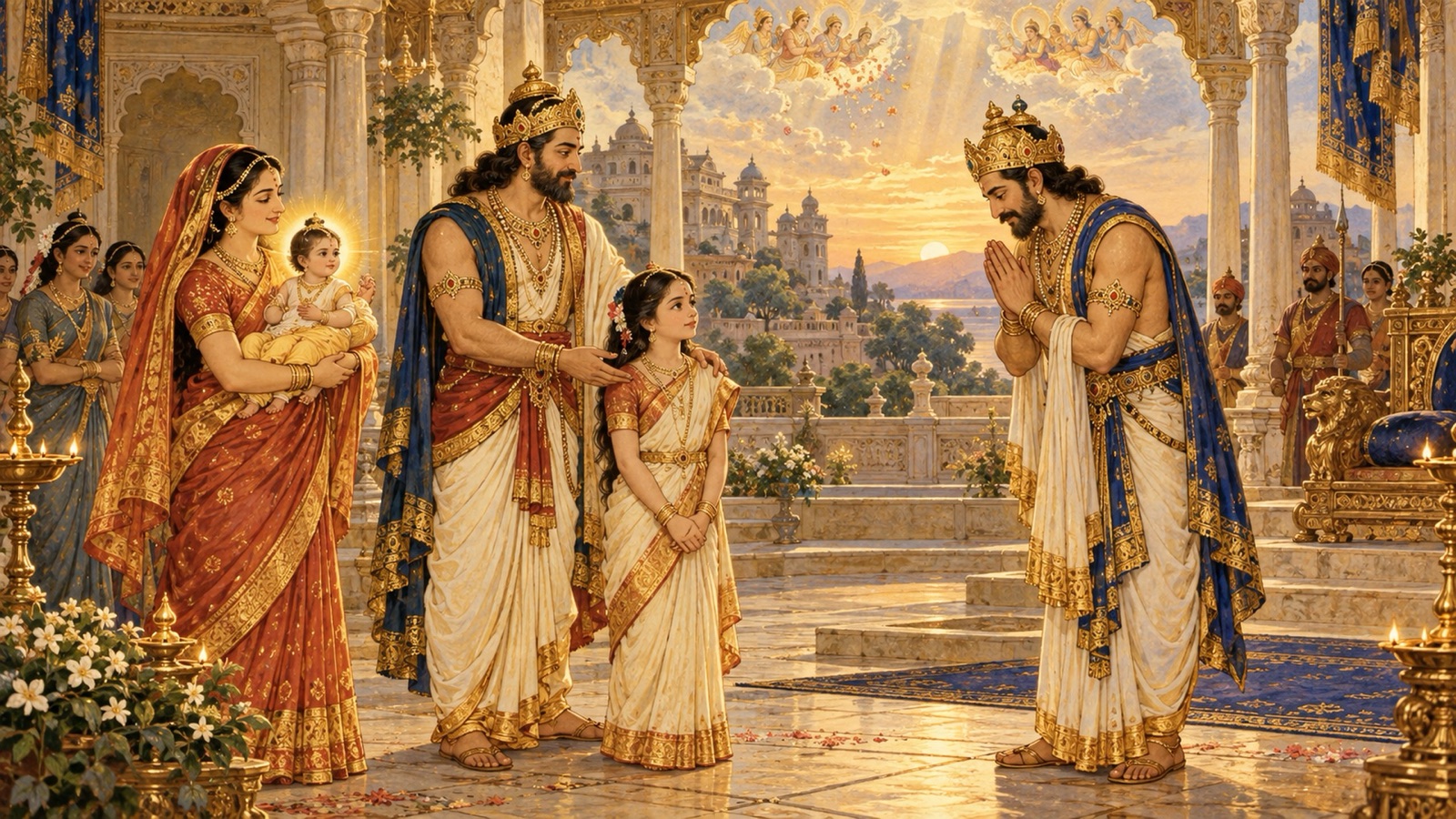Sura presenting his daughter Pritha to his friend King Kunti, and the infant Vasudeva whose birth heaven heralded with drums